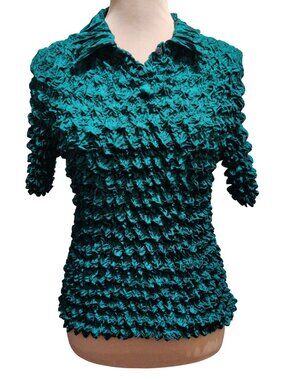 Vintage Popcorn Top Emerald Green Textured Stretch Collared Blouse Y2K Shirt